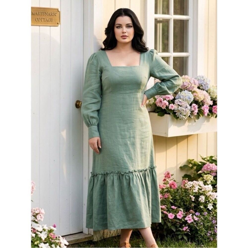 NWT Harshman Plus Size Bloom Dress Olive Green Long Sleeve 100% Linen - Size 2XL